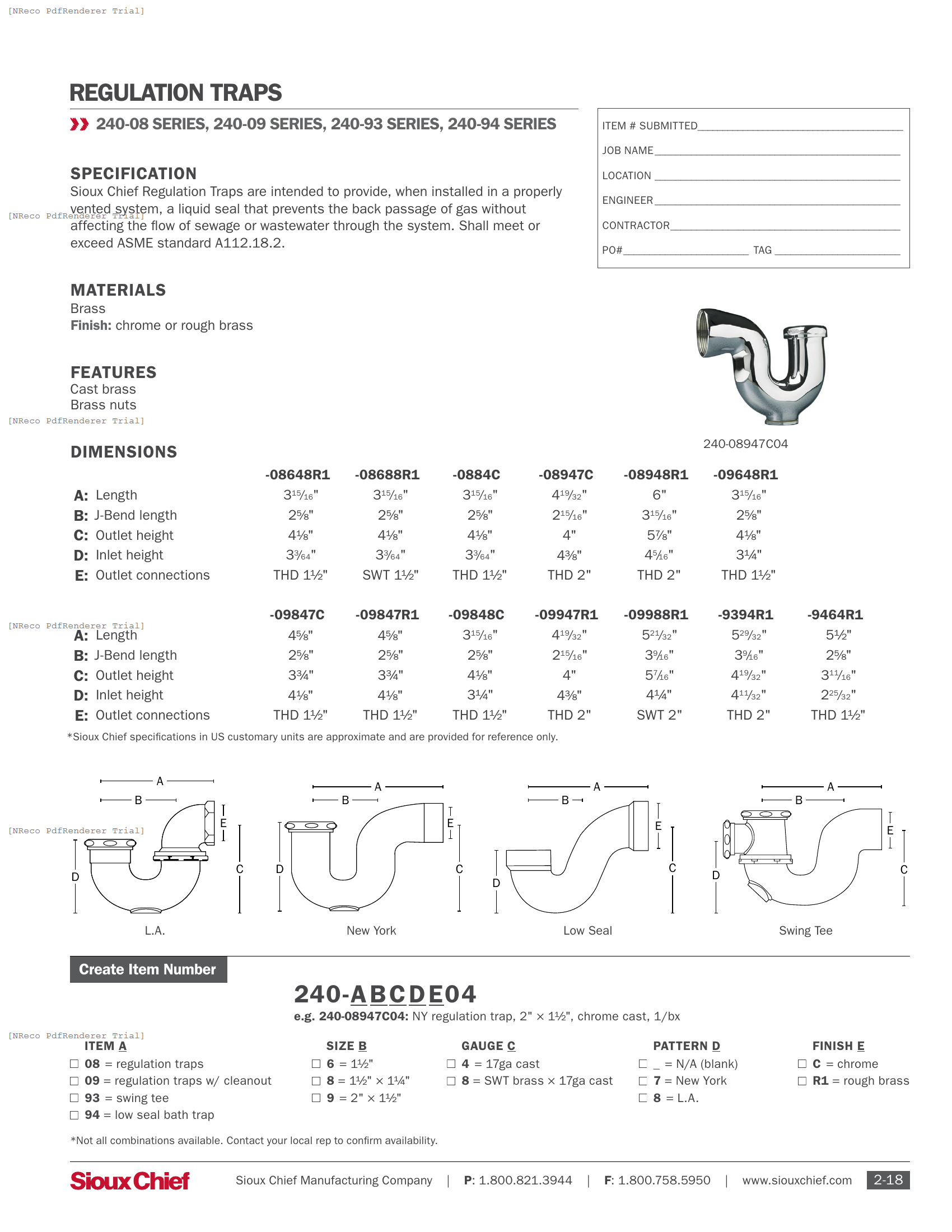 240 SERIES - METAL REGULATION TRAPS - SPEC SHEET.PDF Specification Document